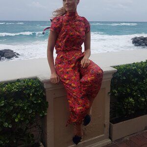 Silk bow-back top and pant set in jungle cat floral print
